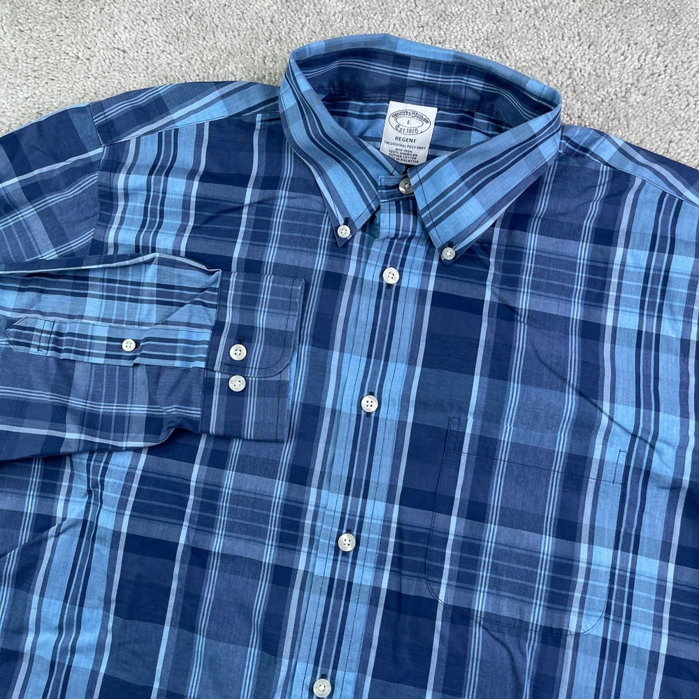 Brooks Brothers Shirt Mens Large Blue Plaid Regent Non Iron Supima Cotton